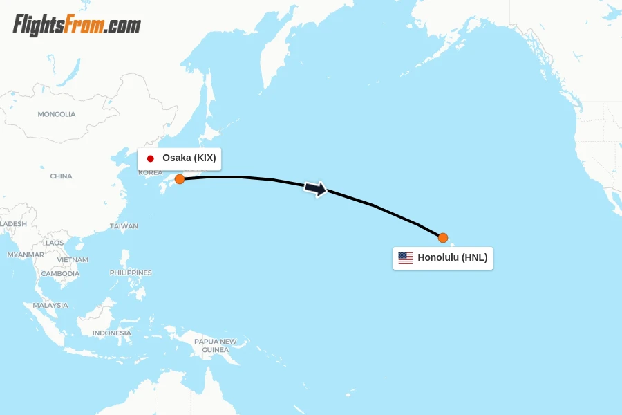 Flights from Osaka to Honolulu route map