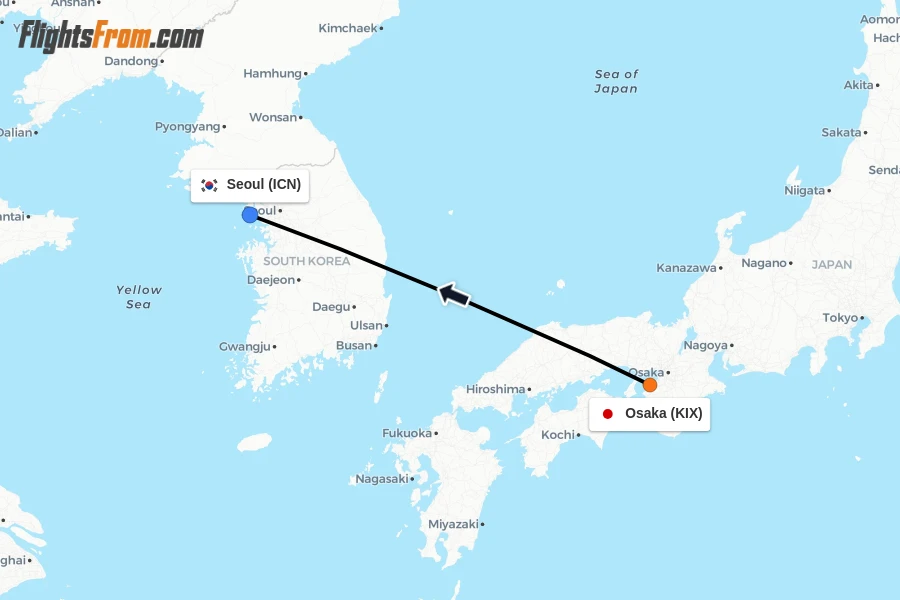 Flights from Osaka to Seoul route map