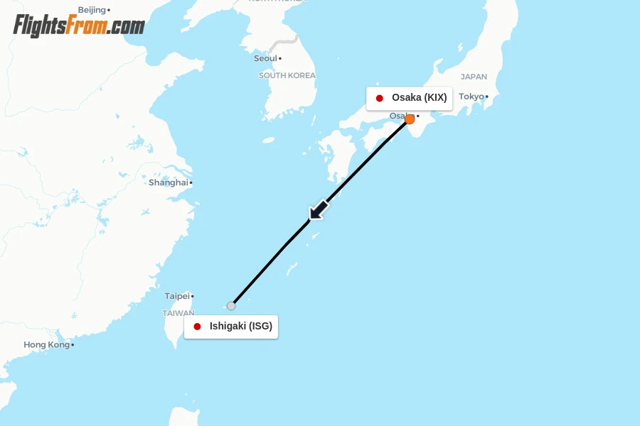 Flights from Osaka to Ishigaki route map