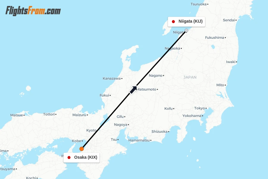 Flights from Osaka to Niigata route map