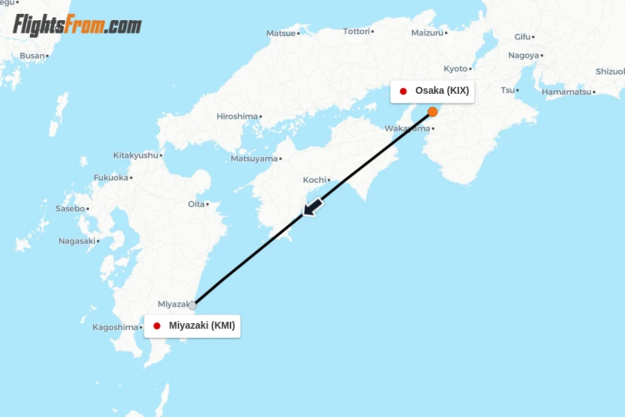 Flights from Osaka to Miyazaki route map