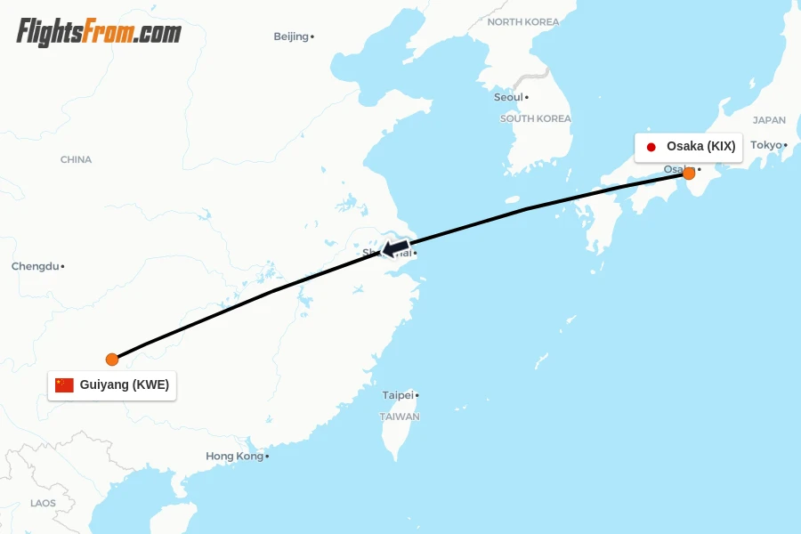 Flights from Osaka to Guiyang route map