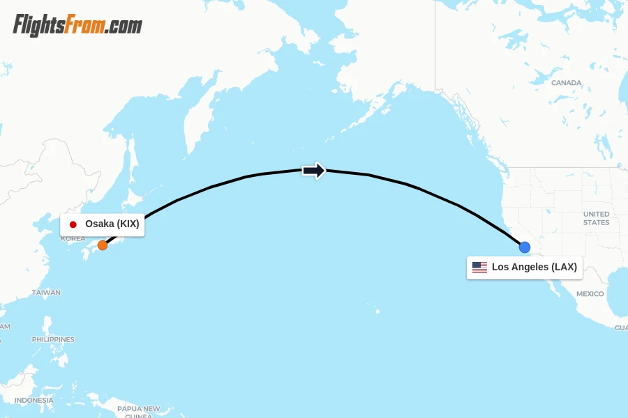 Flights from Osaka to Los Angeles route map