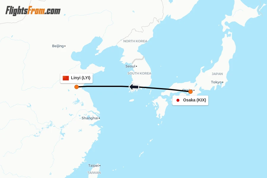 Flights from Osaka to Linyi route map