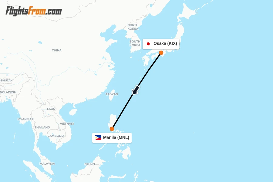 Flights from Osaka to Manila route map