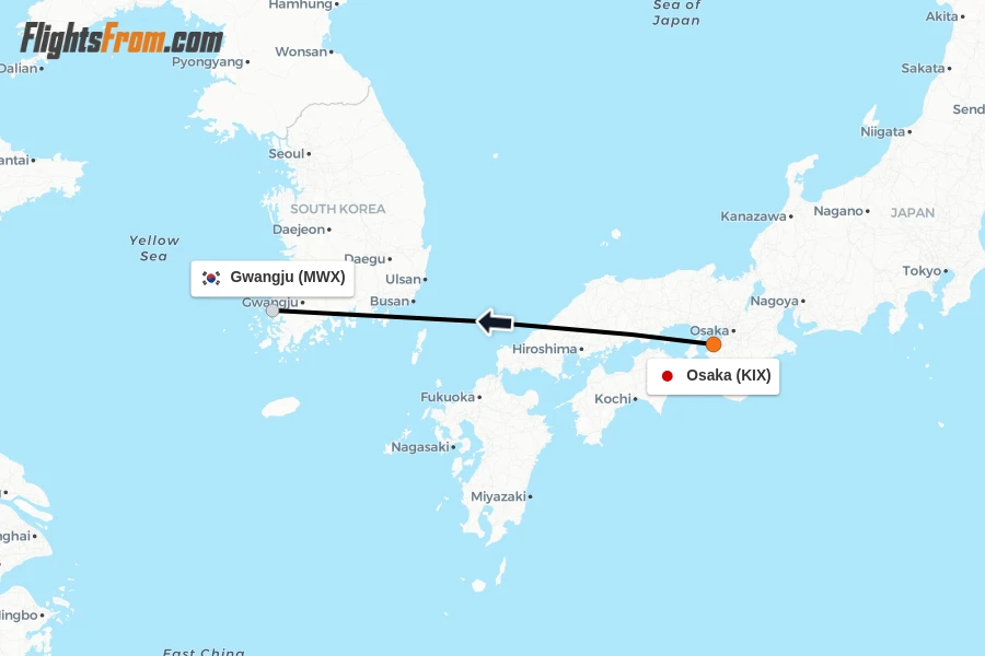 Flights from Osaka to Gwangju route map