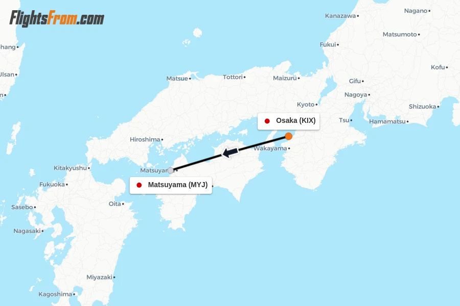 Flights from Osaka to Matsuyama route map