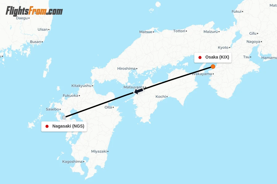 Flights from Osaka to Nagasaki route map