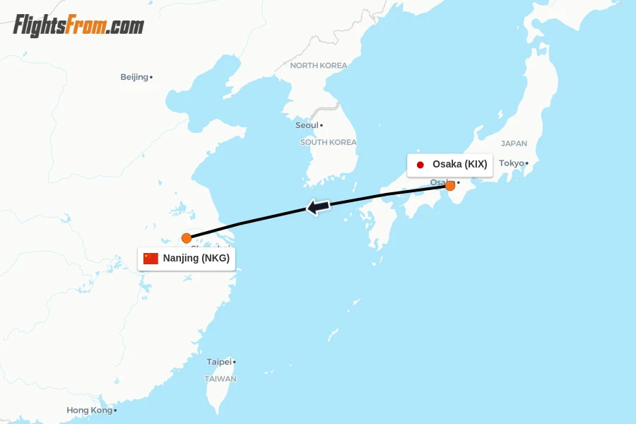 Flights from Osaka to Nanjing route map