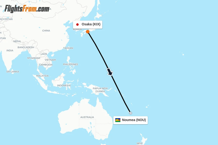 Flights from Osaka to Noumea route map