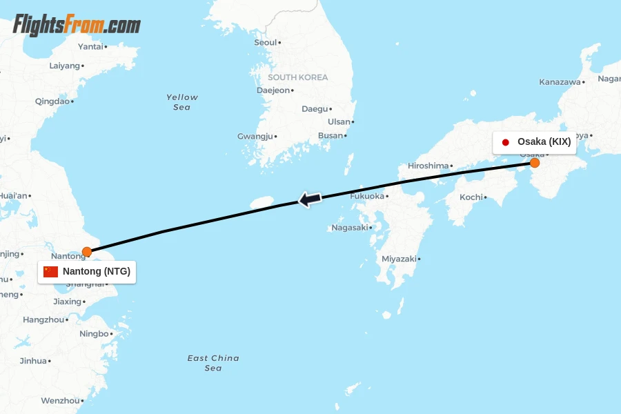 Flights from Osaka to Nantong route map
