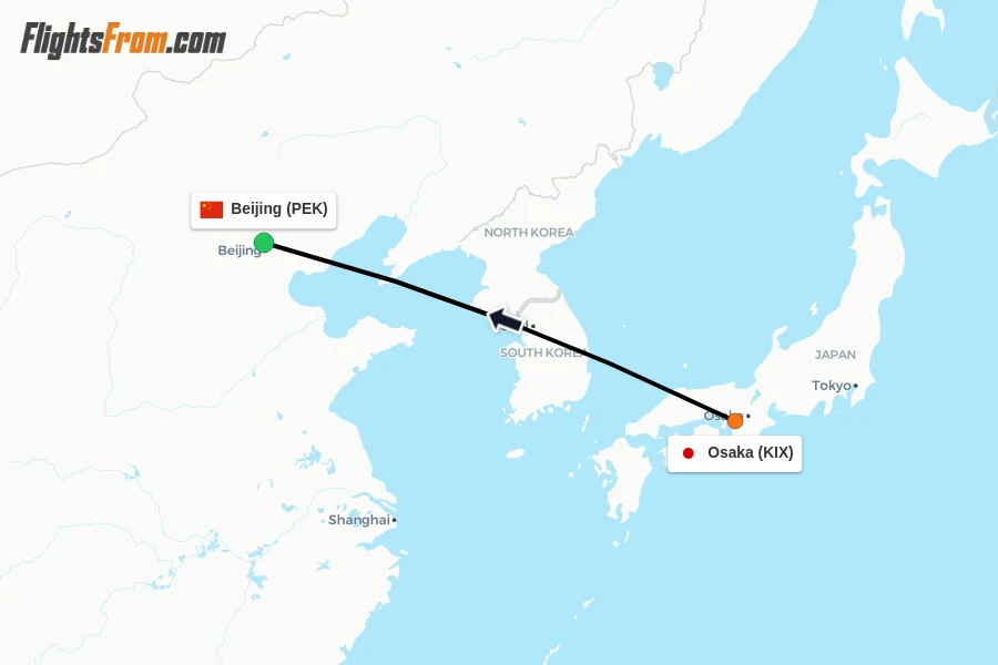 Flights from Osaka to Beijing route map