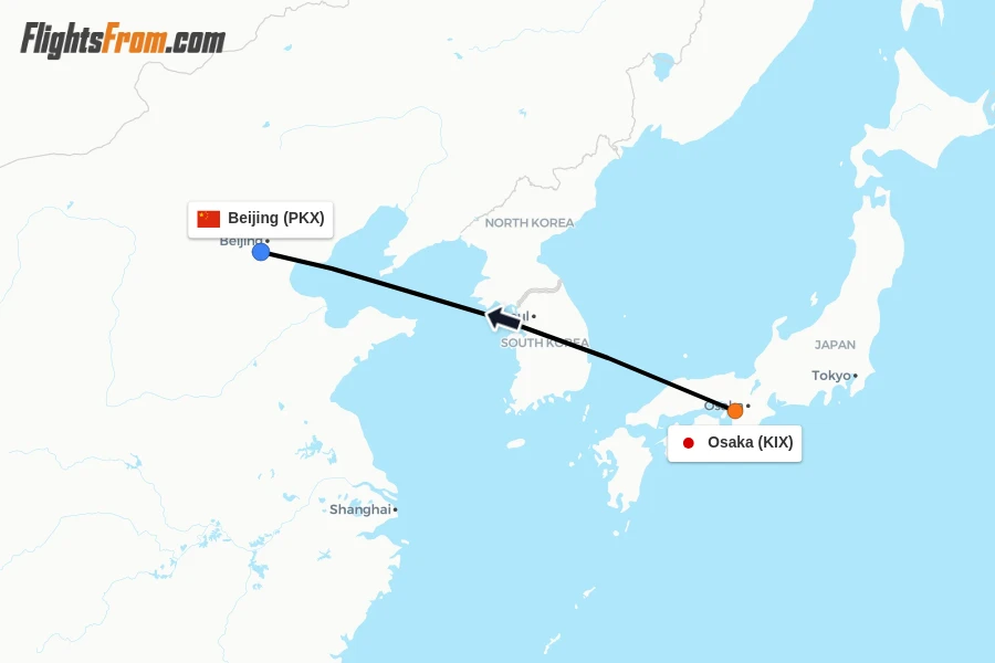 Flights from Osaka to Beijing route map