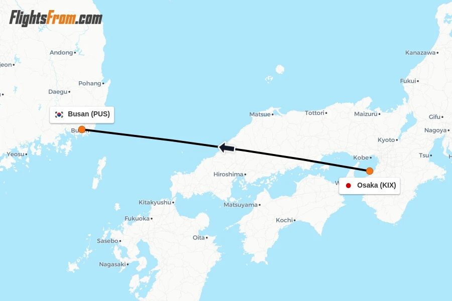 Flights from Osaka to Busan route map