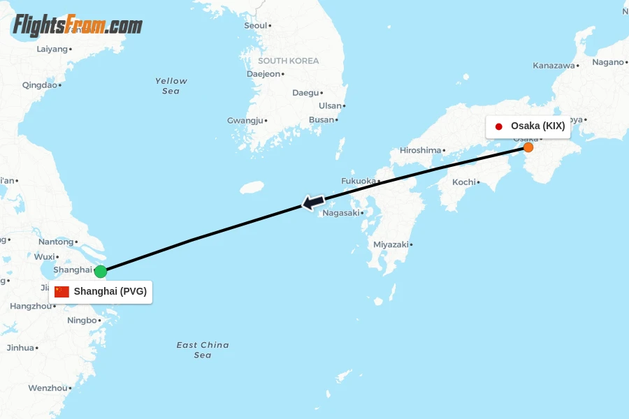 Flights from Osaka to Shanghai route map