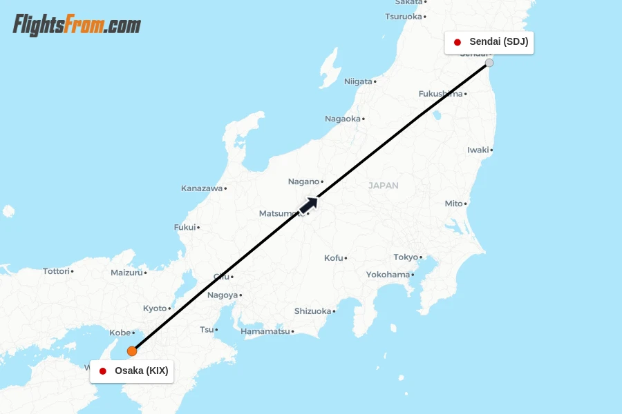 Flights from Osaka to Sendai route map