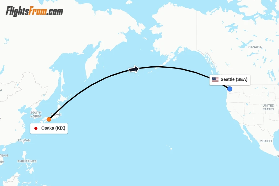 Flights from Osaka to Seattle route map