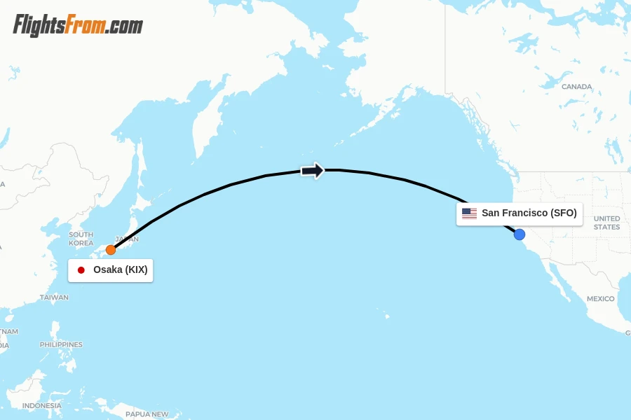 Flights from Osaka to San Francisco route map