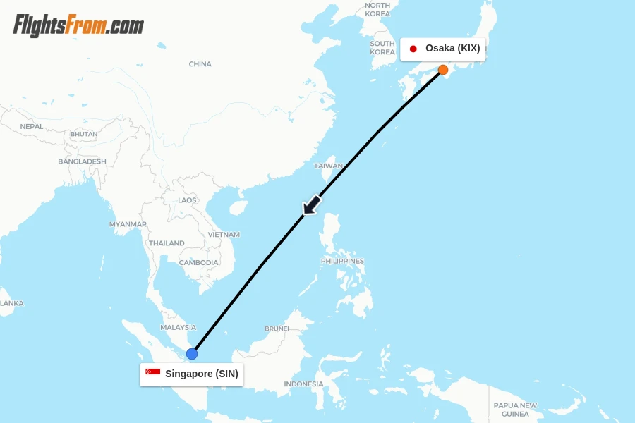 Flights from Osaka to Singapore route map