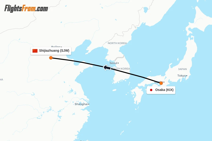 Flights from Osaka to Shijiazhuang route map