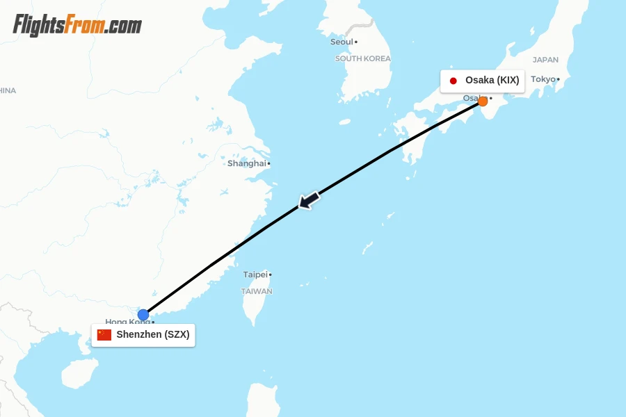 Flights from Osaka to Shenzhen route map