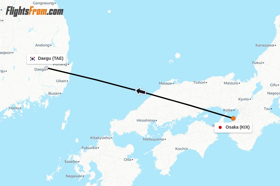 Flights from Osaka to Daegu route map