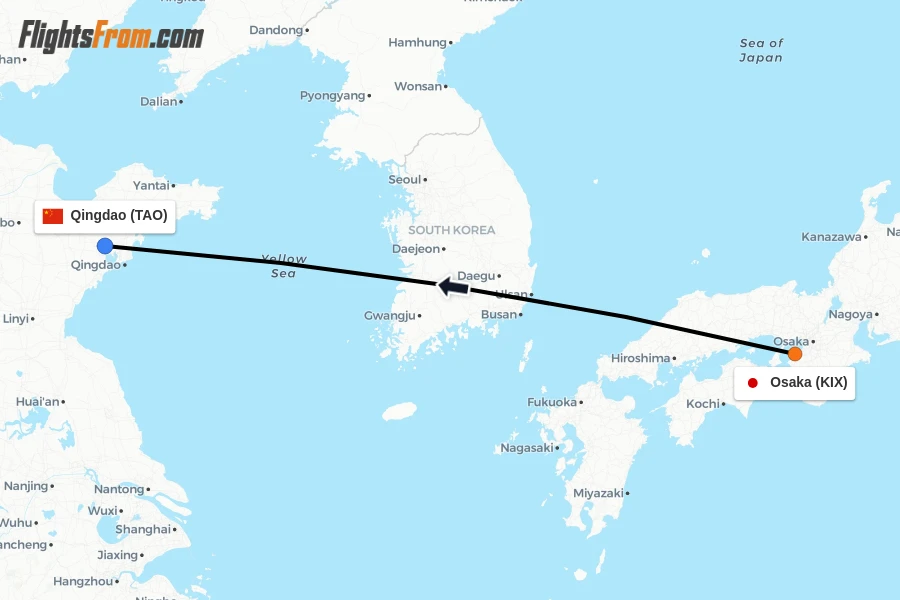 Flights from Osaka to Qingdao route map
