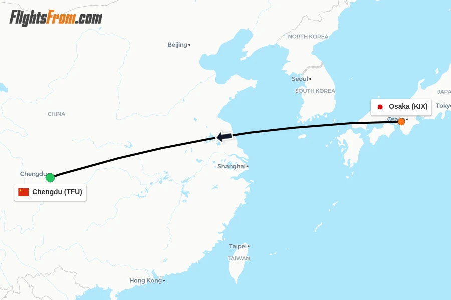 Flights from Osaka to Chengdu route map