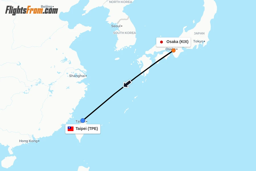 Flights from Osaka to Taipei route map