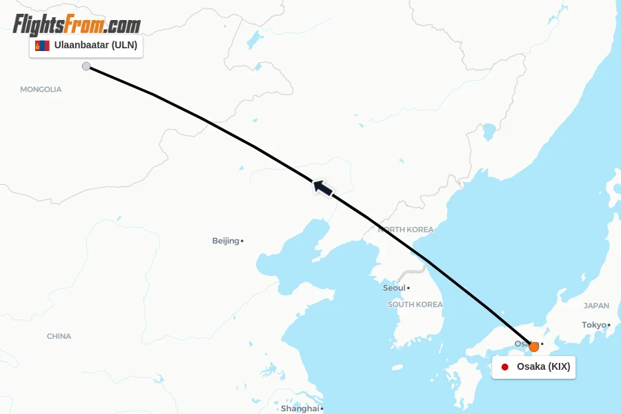 Flights from Osaka to Ulaanbaatar route map