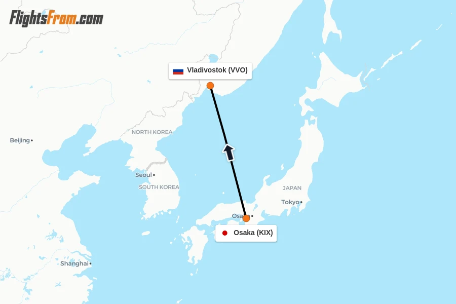 Flights from Osaka to Vladivostok route map
