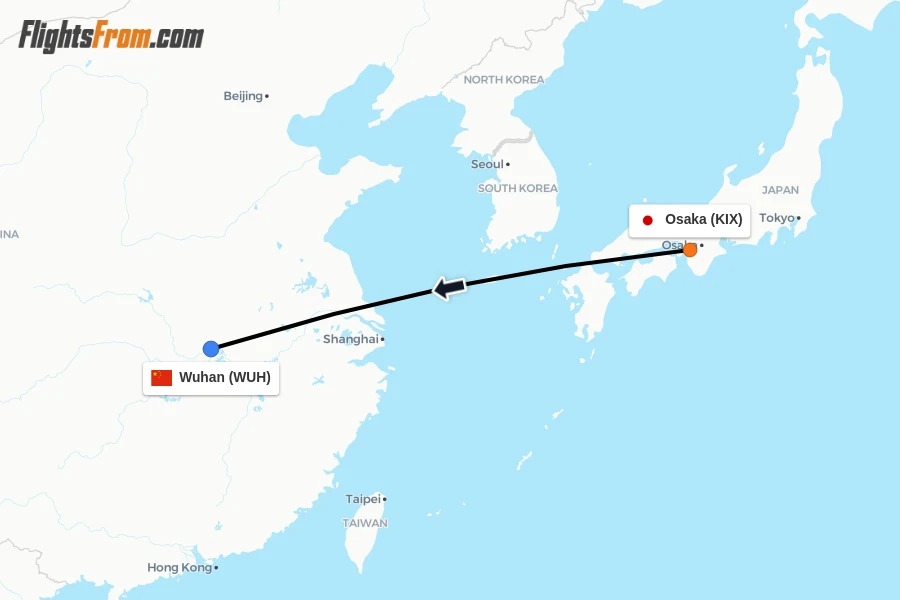 Flights from Osaka to Wuhan route map