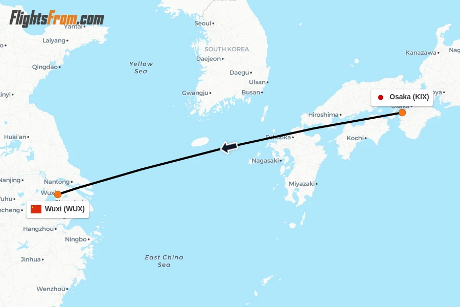 Flights from Osaka to Wuxi route map
