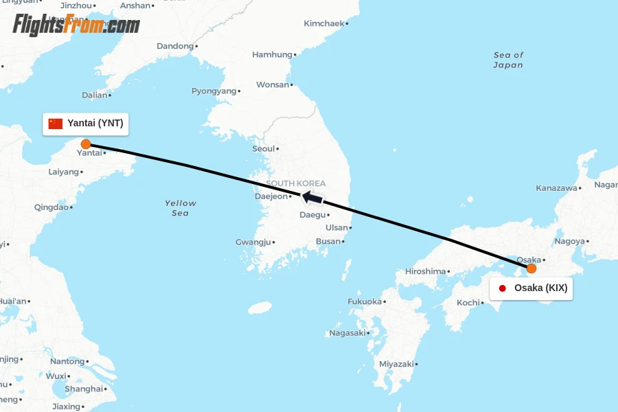 Flights from Osaka to Yantai route map