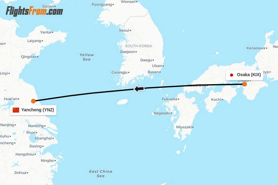 Flights from Osaka to Yancheng route map