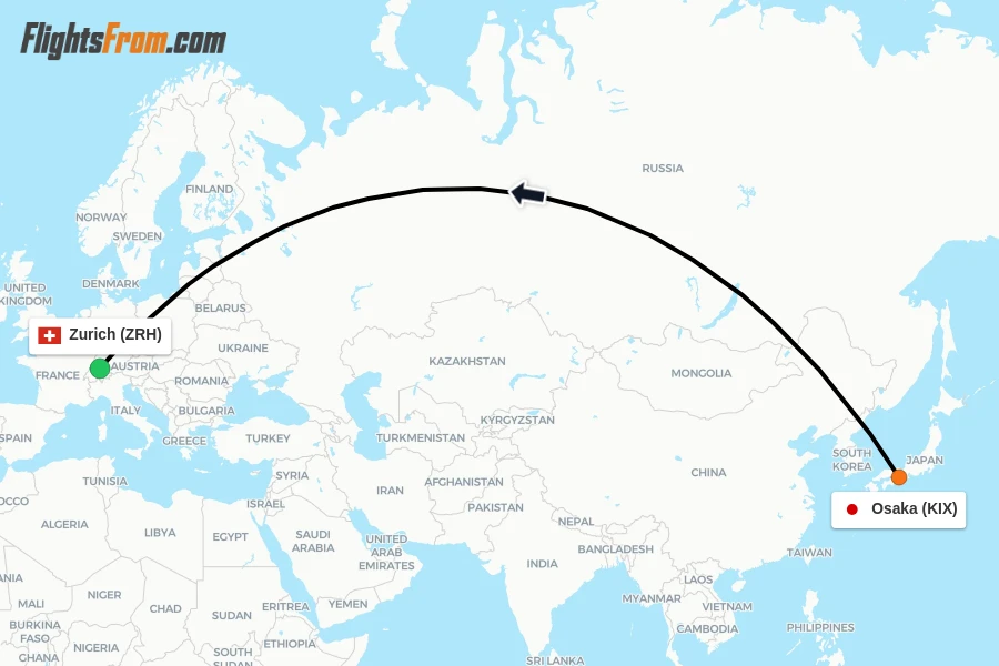 Flights from Osaka to Zurich route map