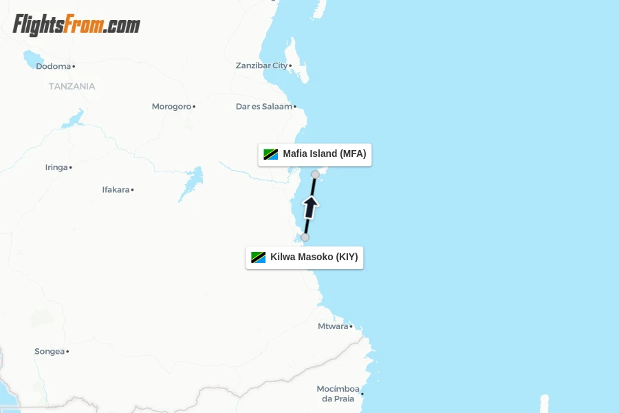 Flights from Kilwa Masoko to Mafia Island route map