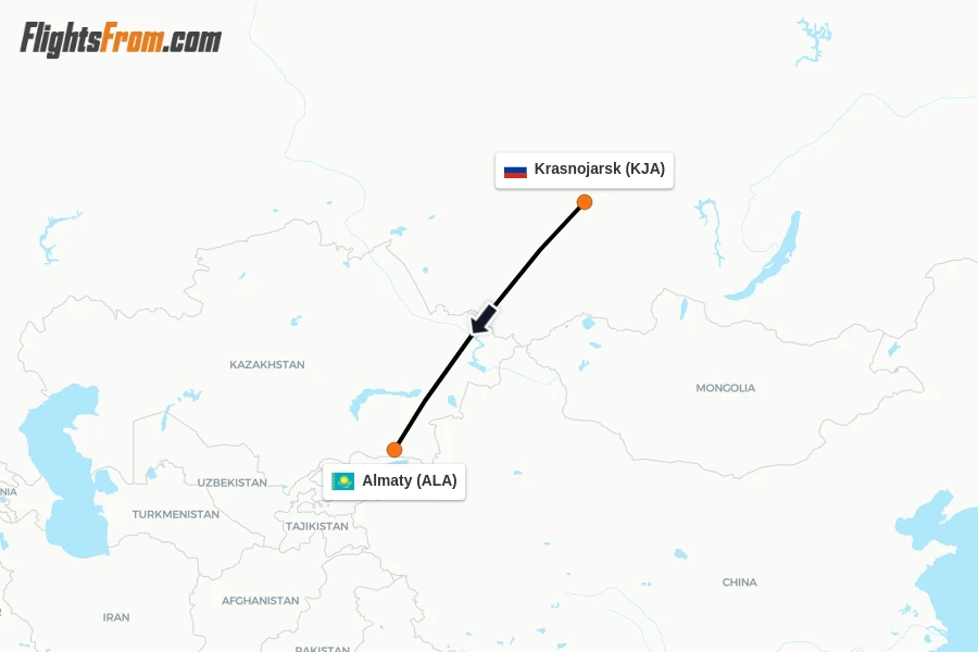 Flights from Krasnojarsk to Almaty route map