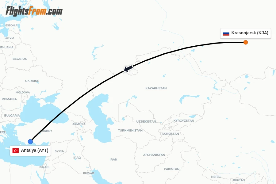 Flights from Krasnojarsk to Antalya route map