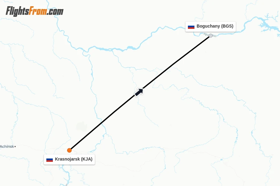 Flights from Krasnojarsk to Boguchany route map