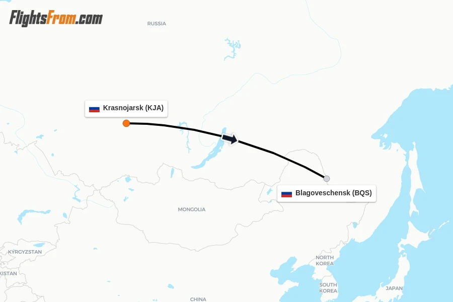 Flights from Krasnojarsk to Blagoveschensk route map