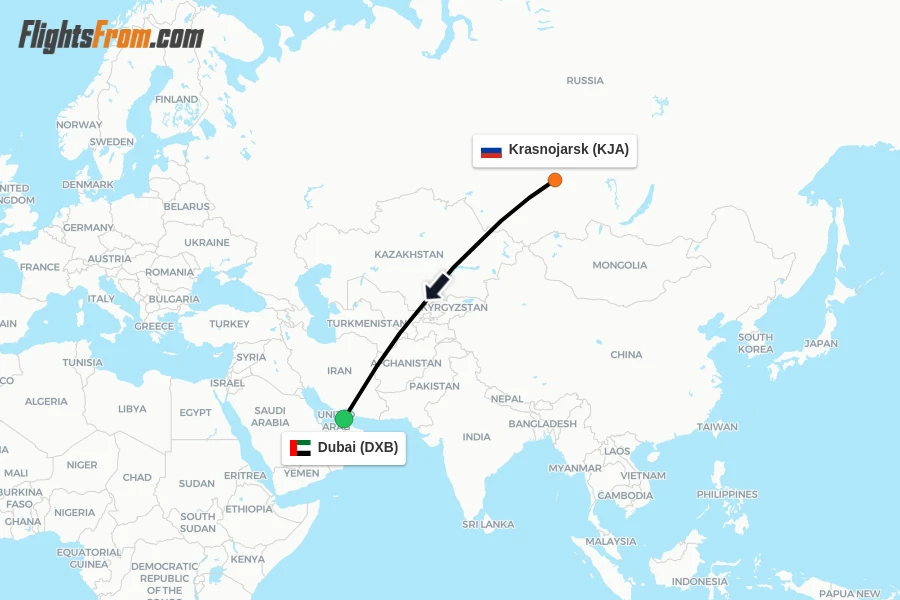 Flights from Krasnojarsk to Dubai route map