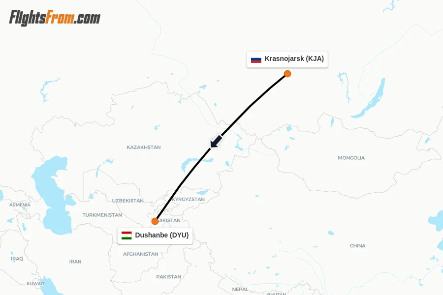 Flights from Krasnojarsk to Dushanbe route map