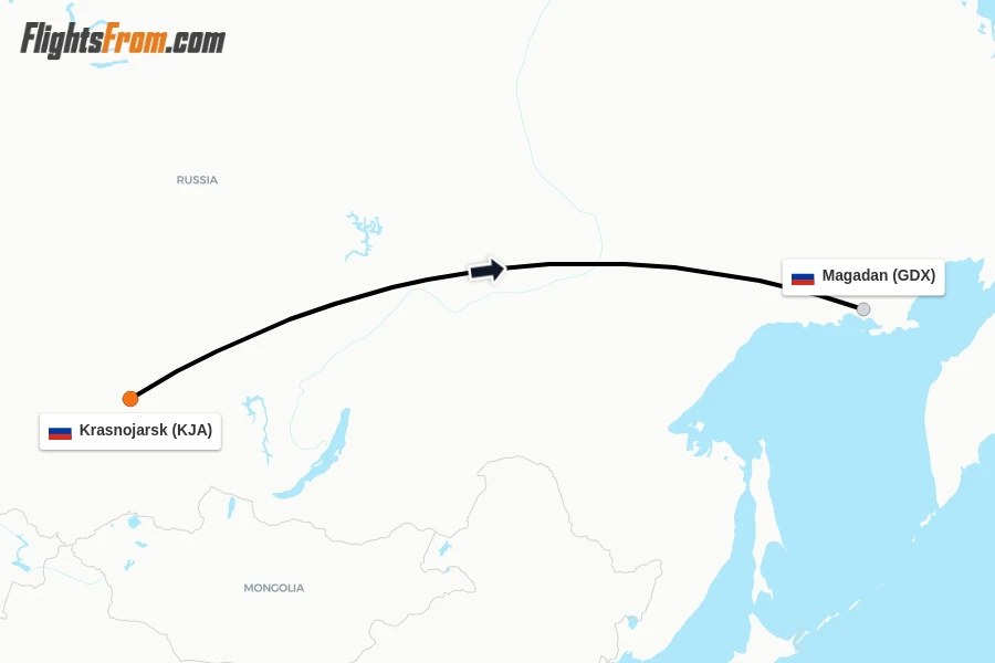 Flights from Krasnojarsk to Magadan route map