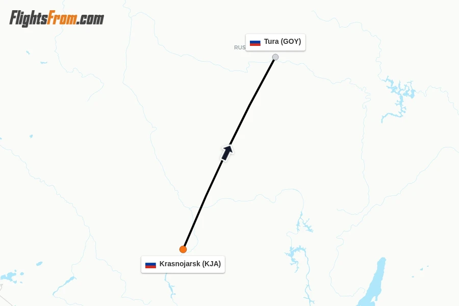 Flights from Krasnojarsk to Tura route map