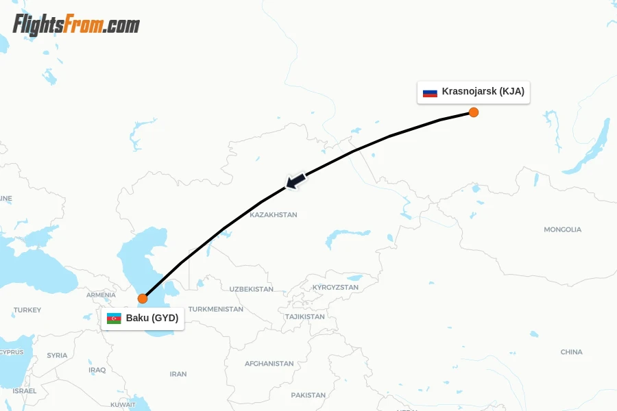 Flights from Krasnojarsk to Baku route map