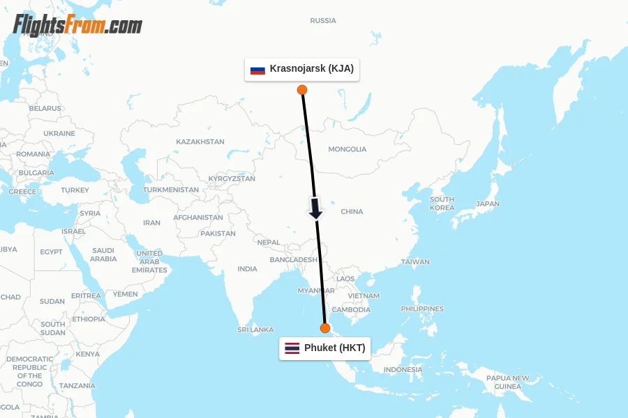 Flights from Krasnojarsk to Phuket route map