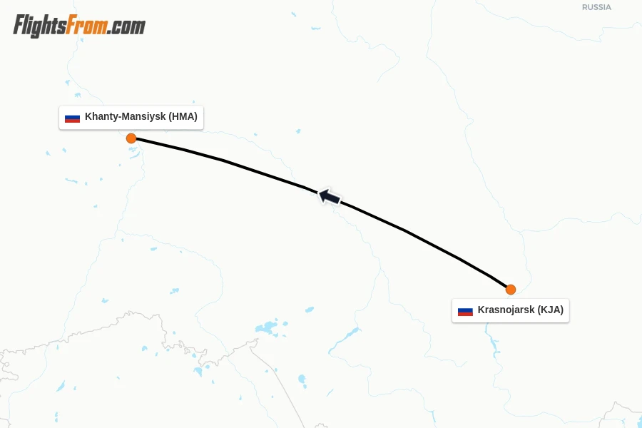 Flights from Krasnojarsk to Khanty-Mansiysk route map