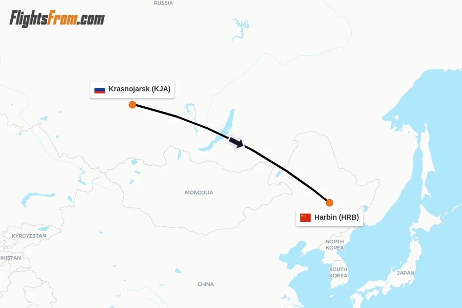 Flights from Krasnojarsk to Harbin route map