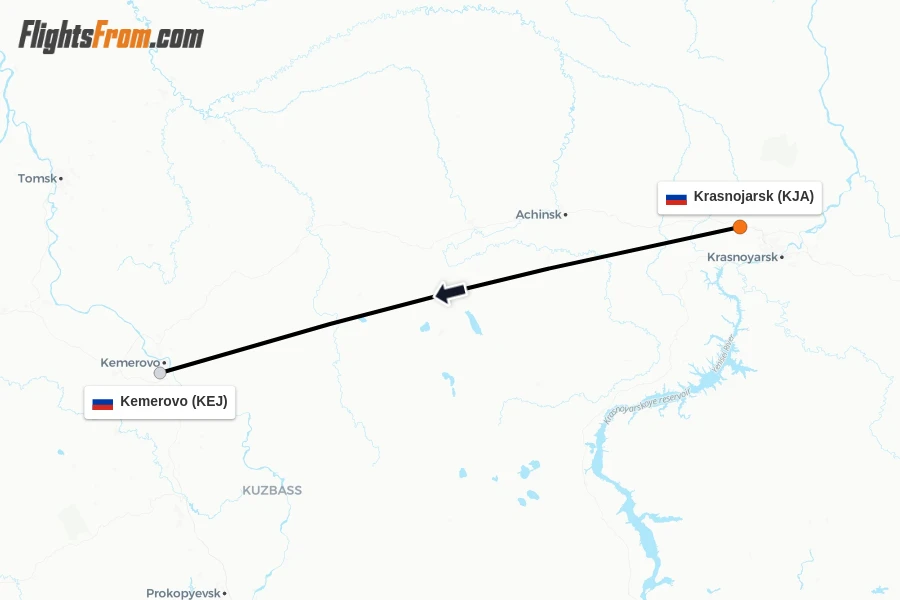 Flights from Krasnojarsk to Kemerovo route map